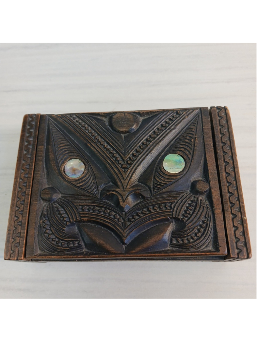 Vintage Maori Carved Wooden Box with Paua Eyes, Tapu P.H. Leonard Rotorua NZ